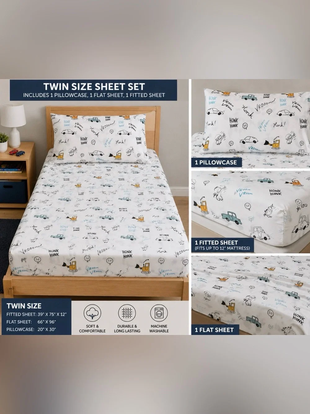 Jack & Jill HONK Twin sheeet Set ~ Car Truck Vrooommm 3 piece bed set kids
